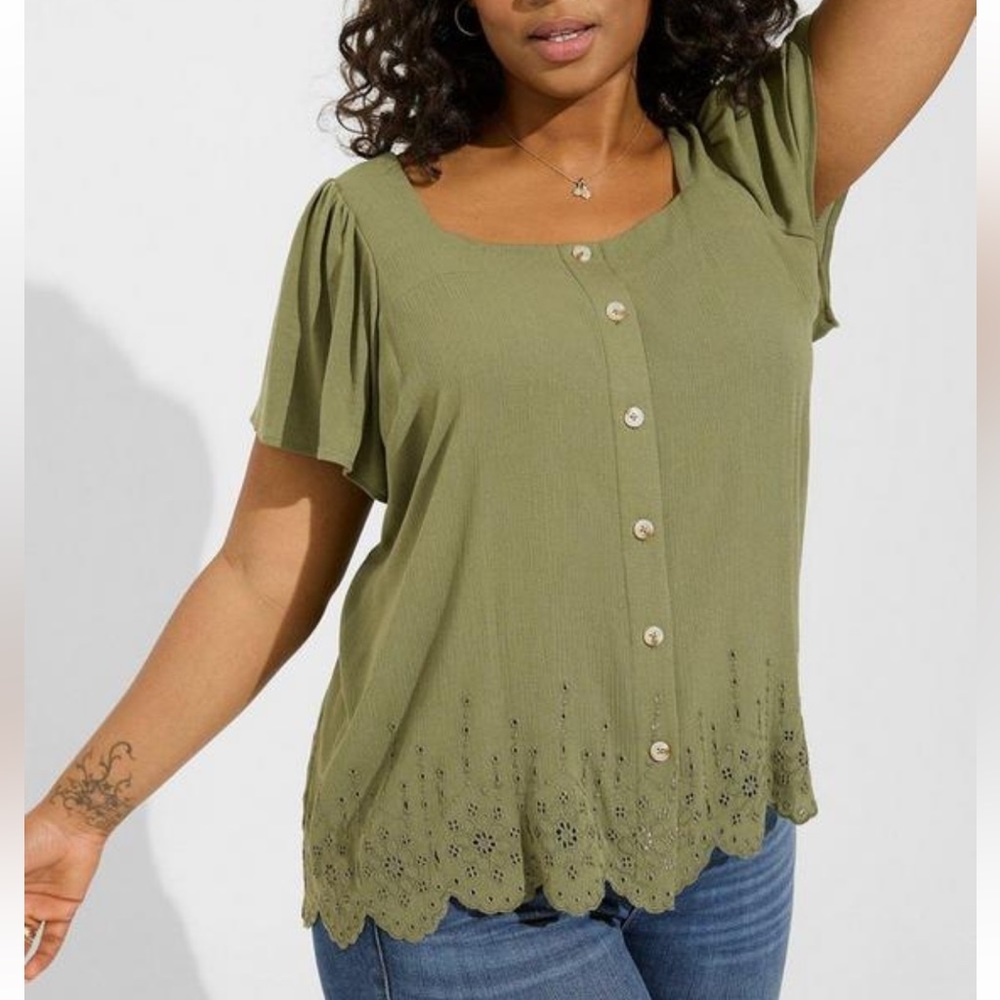 NWT Torrid Gauze Square Neck Eyelet Top - Olive Green - Size 14/16